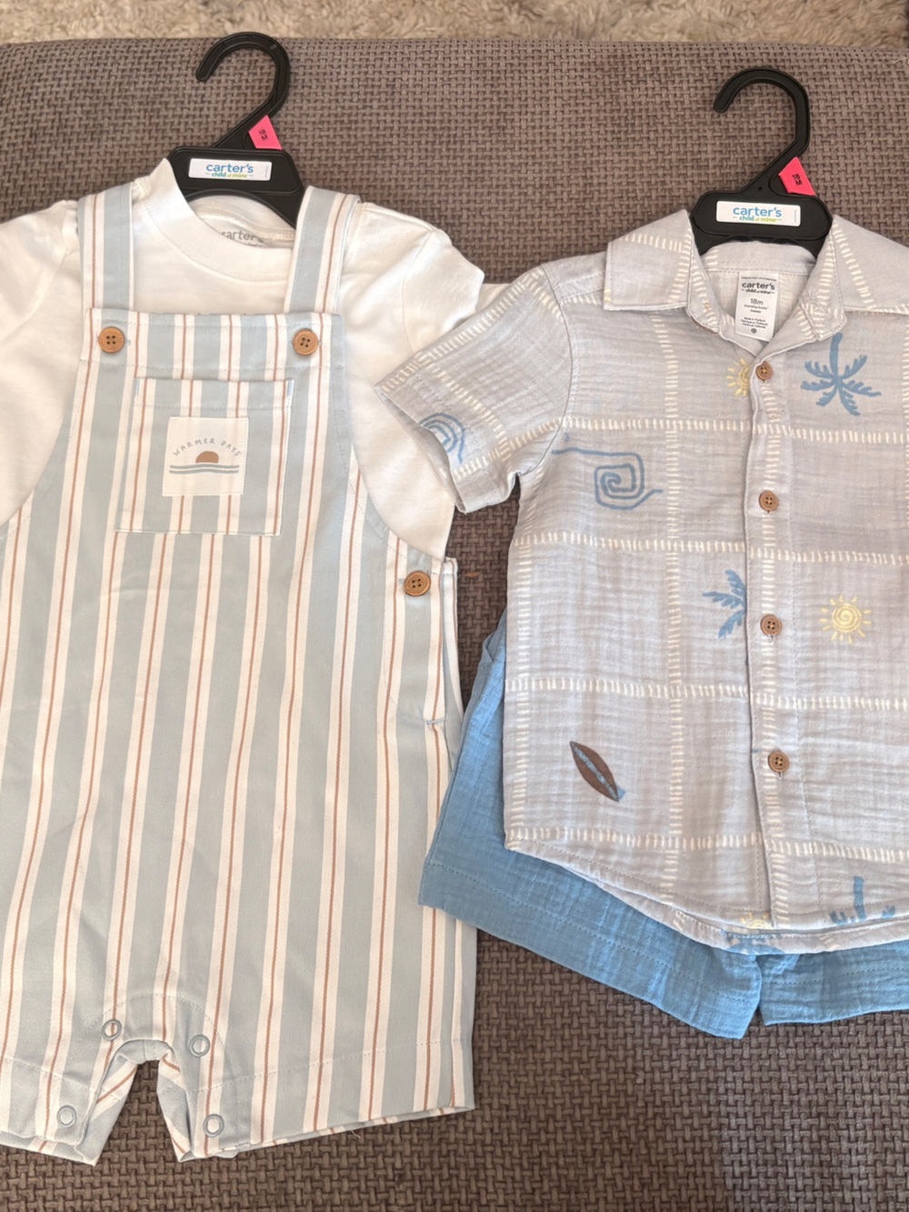 Carter's White & Light Blue Striped Shortall with Light Blue Button Shirt Set